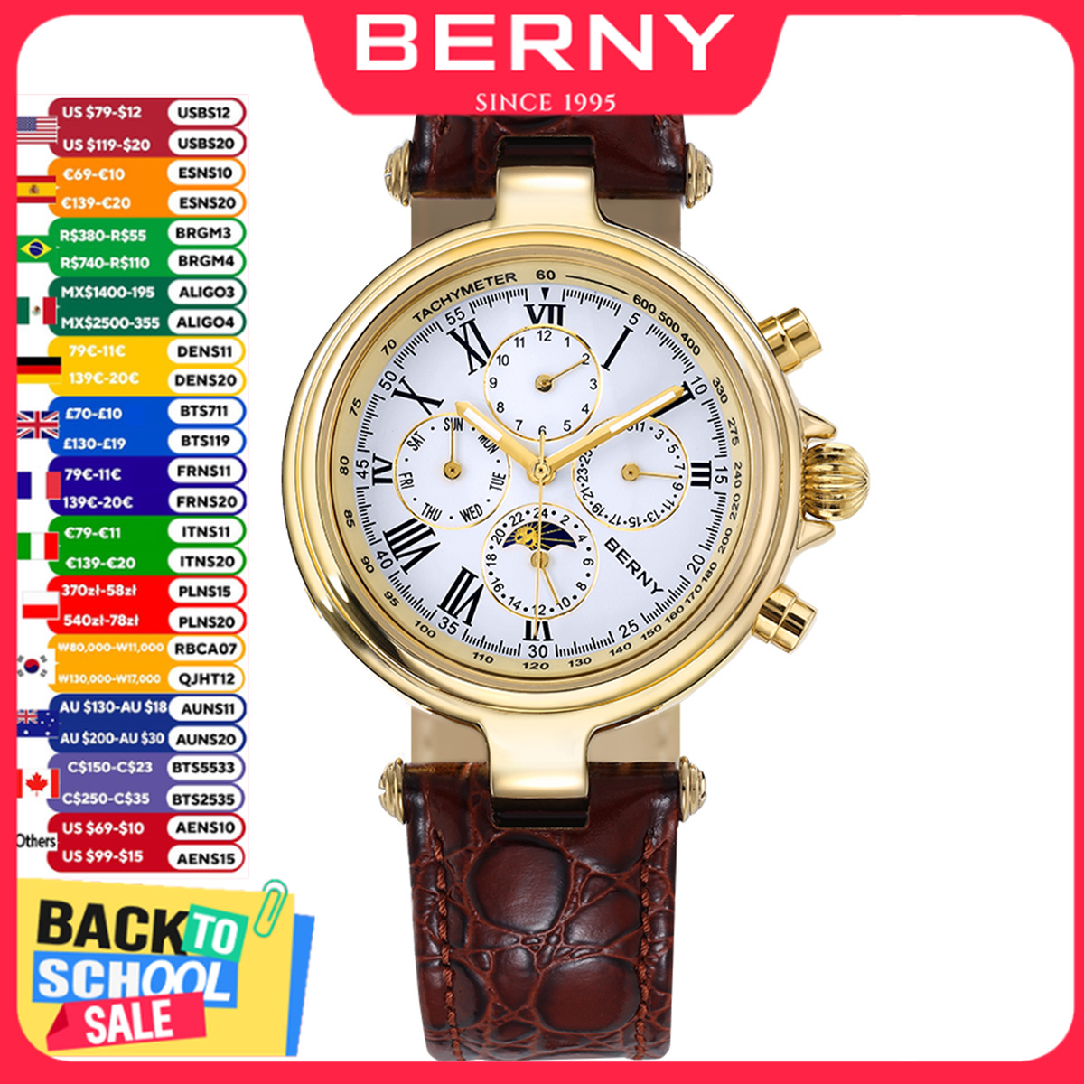 Seiko Watch Presage - BERNY 레트로 오토매틱 남성용 시계 Sun&Moon