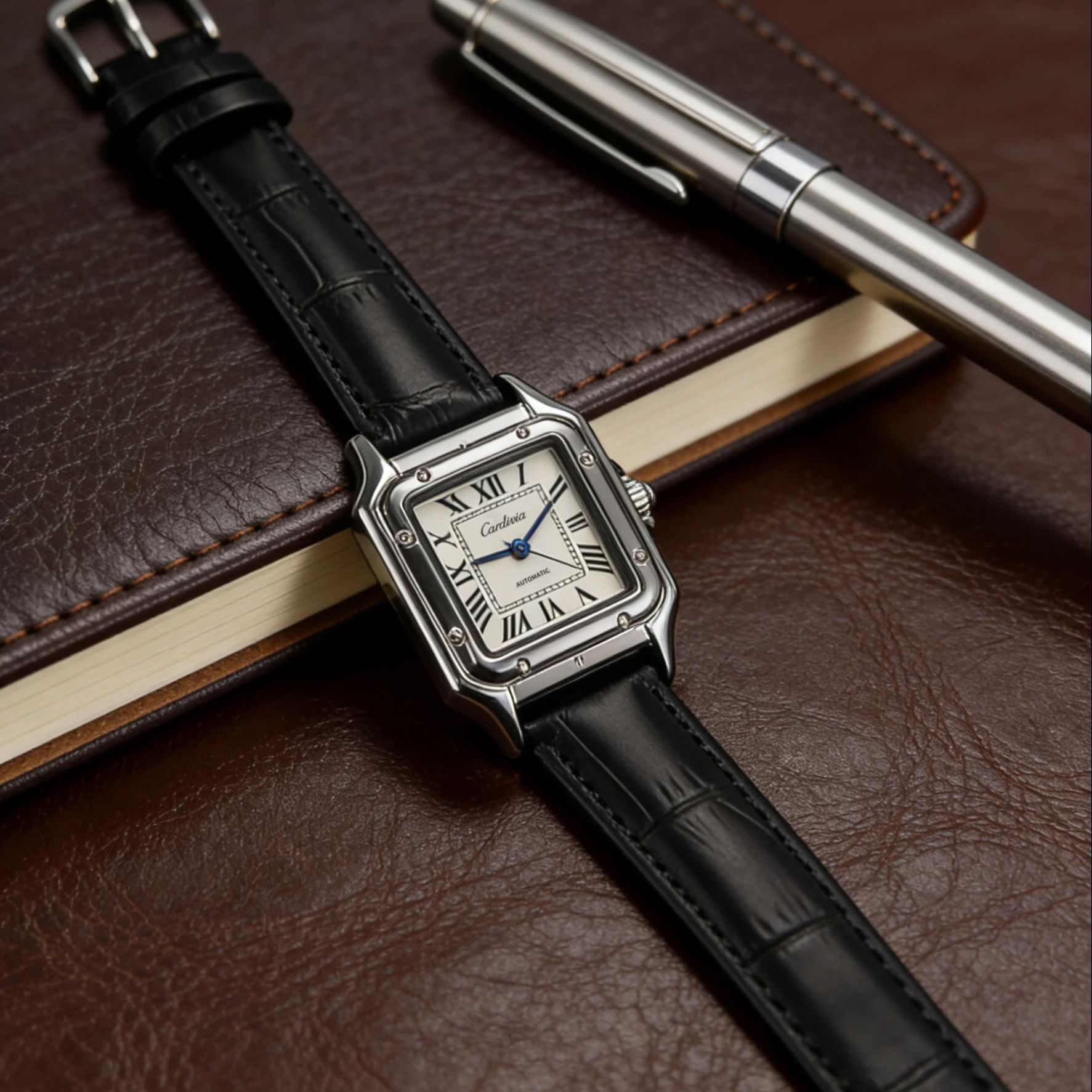 로마 숫자 다이얼, 블랙 가죽 스트랩, 스테인레스 스틸 - Cartier Watch Santos 리뷰 및 가격