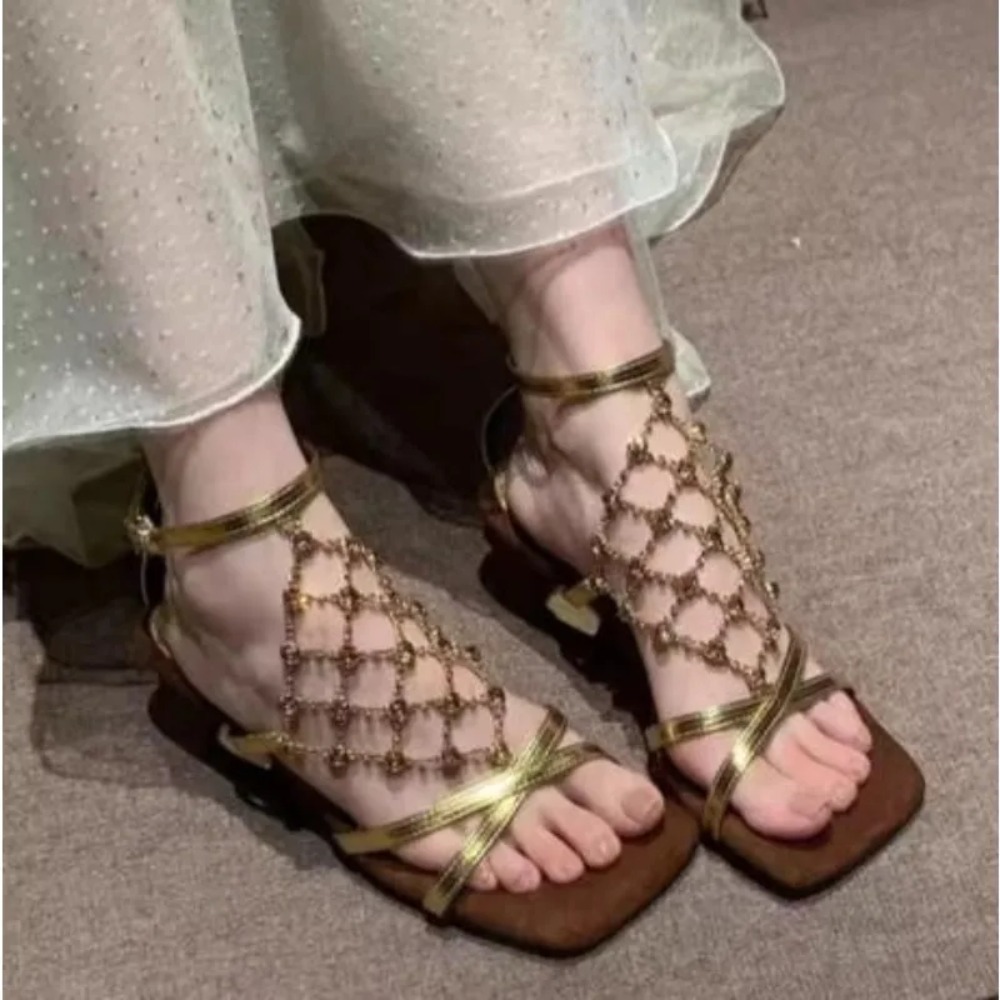템퍼러먼트 하이힐 여성 여름 스퀘어 토 오픈토 라인스톤 - Mesh Strap Metal 리뷰 및 가격